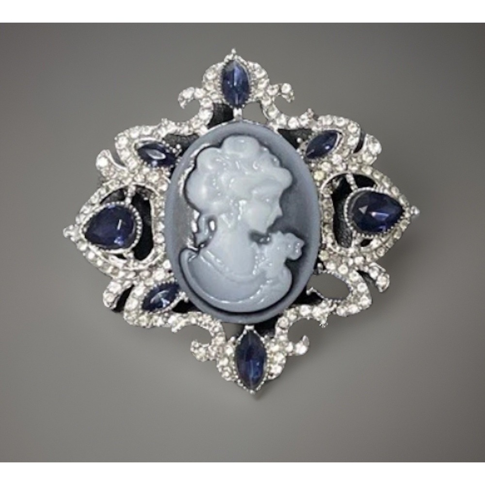 Cameo Brooch Drop Blue Oval Silver Tone Rhinestones Pin Gothic Vintage Style